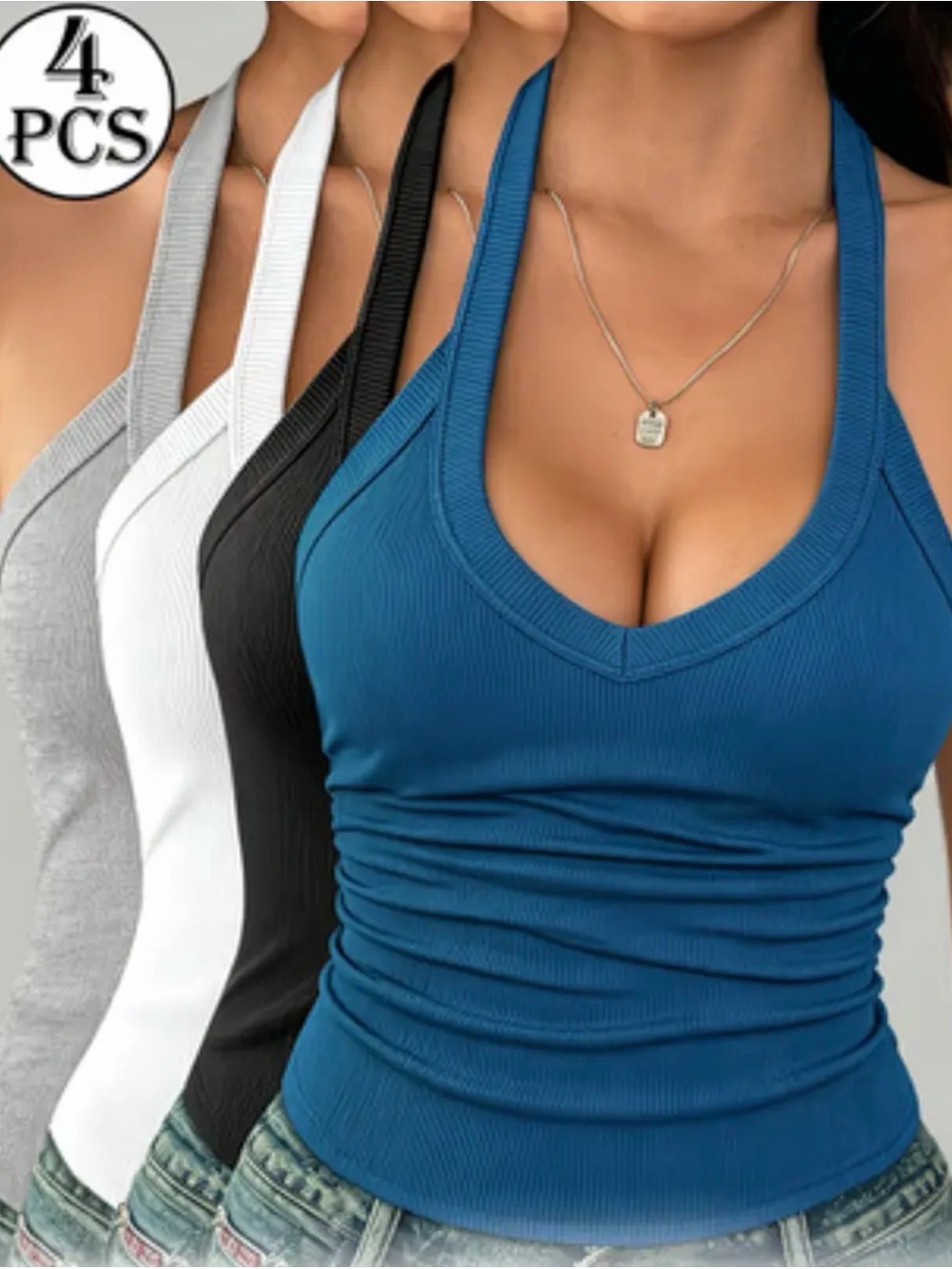 Ribbed V-Neck Halter Tank Top Bundle